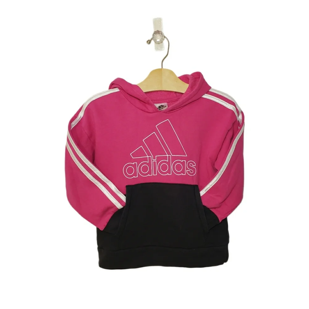 Adidas Size 5 Girls Pink Black and White Logo Hooded Hoodie Sweatshirt